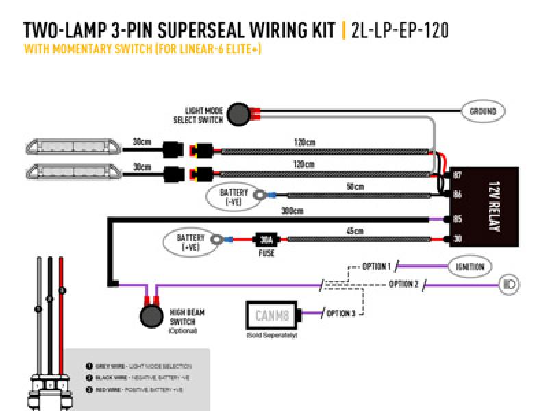 Preview: Lazer Lamps Kabelsatz mit Momentanschalter für zwei Linear 6 Elite+ (3-poligem, Superseal, 12V)