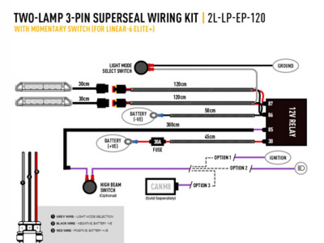 Lazer Lamps Kabelsatz mit Momentanschalter für zwei Linear 6 Elite+ (3-poligem, Superseal, 12V)